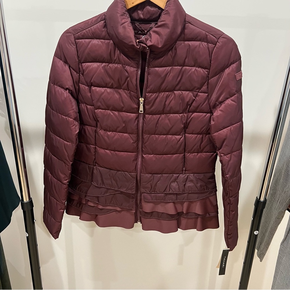 Tahari Quilted Ruffle-Hem Jacket in Wine